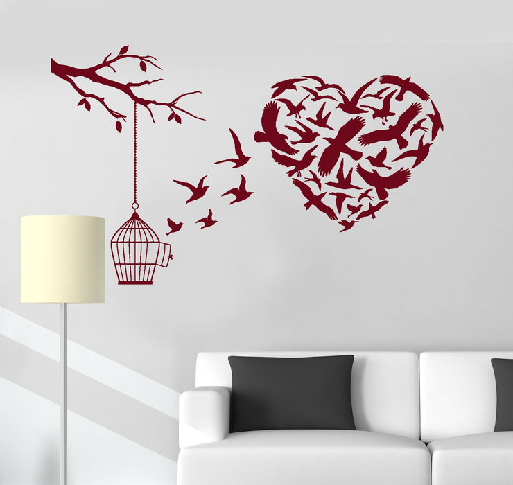 Vinyl Wall Decal Bird Cage Love Branch Romantic Room Decoration Stickers Unique Gift (ig3173)