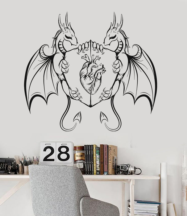 Vinyl Wall Decal Dragons Heart Shield Fantasy Myth Kids Room Stickers Unique Gift (ig3510)