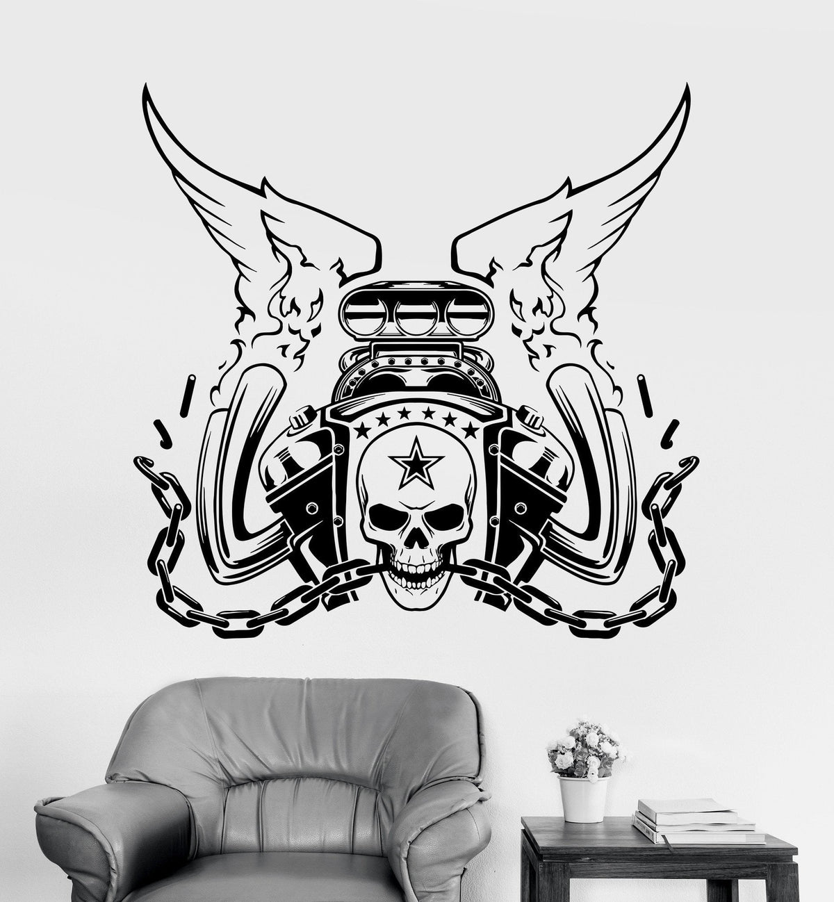 Vinyl Wall Deca Engine Repair Car Skull Garage Decor Racer Stickers Un ...