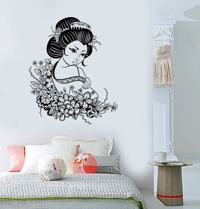 Vinyl Wall Decal Geisha Japan Japanese Flowers Asian Art Stickers Unique Gift (ig3516)