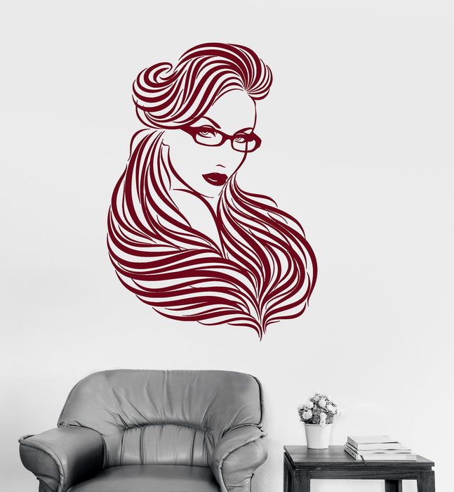 Vinyl Decal Girl Glasses Long Hair Beautiful Woman Beauty Stickers Unique Gift (ig2941)