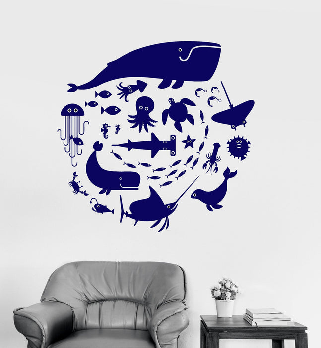 Vinyl Wall Decal Whale Octopus Fish Marine Animals Bathroom Stickers Mural Unique Gift (ig3008)
