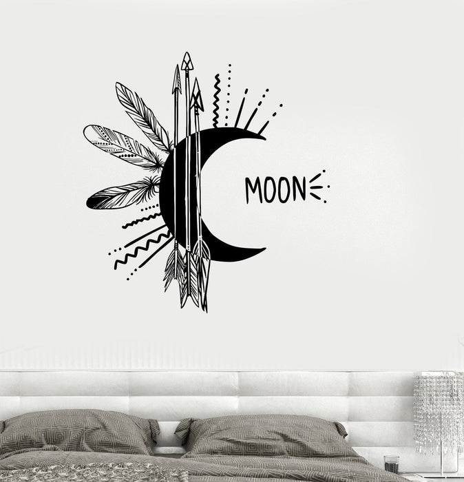 Autocollant mural en vinyle avec flèche et plumes de lune pour décoration de chambre à coucher, autocollants Talisman, cadeau unique (ig3251)