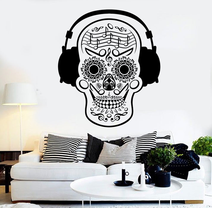 Autocollant mural en vinyle avec tête de mort et casque musical - Autocollants d'art musical - Cadeau unique (ig3687)