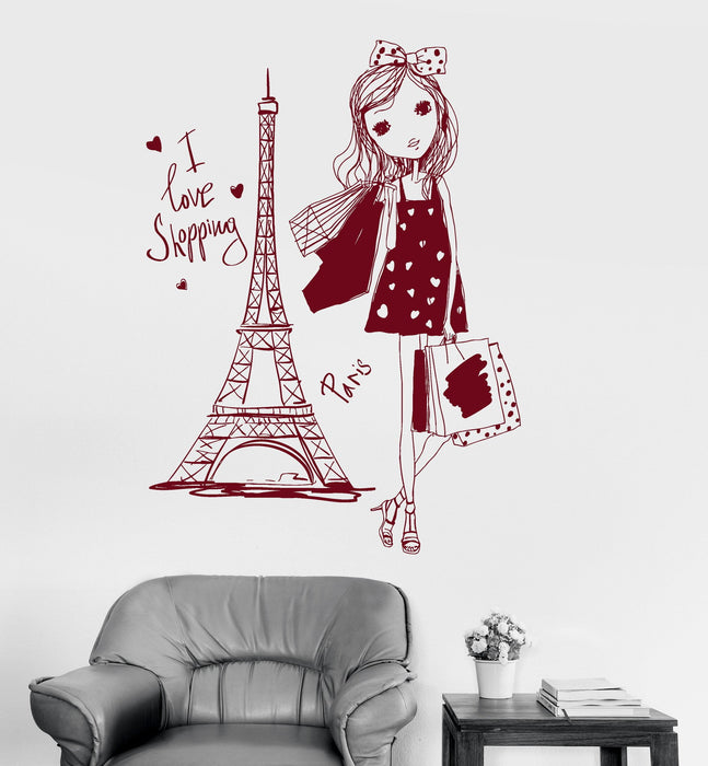 Vinyl Wall Decal Pretty Teen Girl Paris Woman France Shopping Stickers Unique Gift (ig3040)