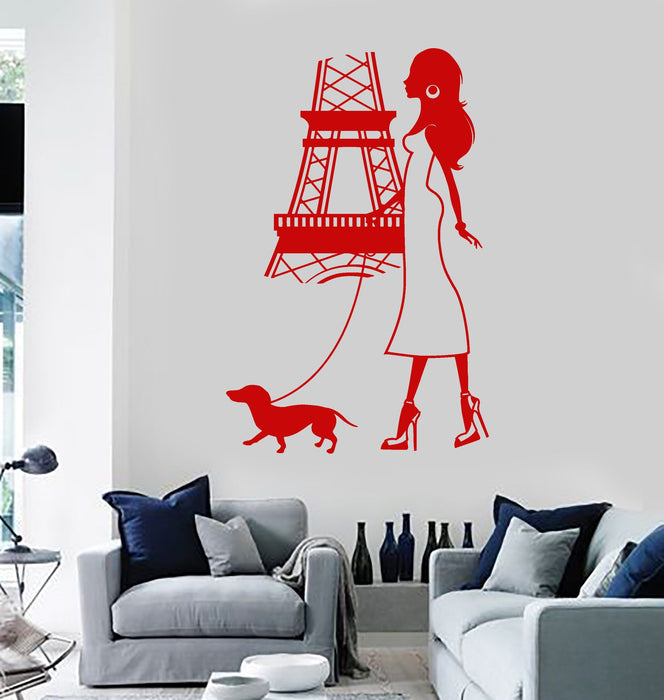Vinyl Wall Decal Paris Girl Woman Eiffel Tower Dog French Stickers Unique Gift (ig3688)