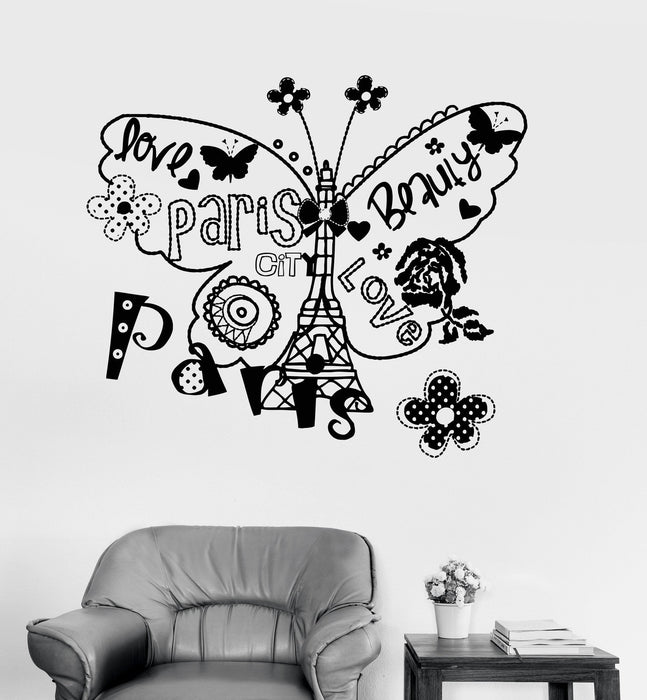 Vinyl Wall Decal Eiffel Tower Paris French Butterfly Sketch Girl Room Unique Gift (ig3293)