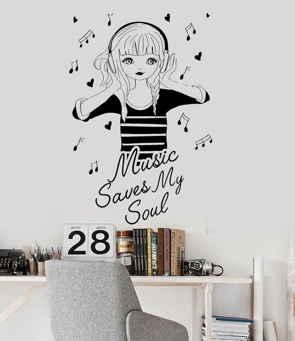 Vinyl Wall Decal Quote Music Teen Pretty Girl Headphones Stickers Unique Gift (ig3457)