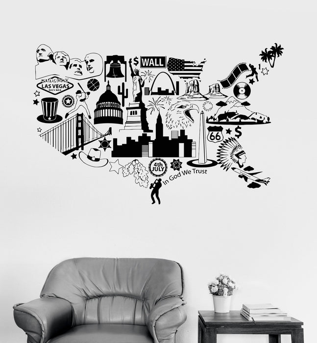 Vinyl Wall Decal USA Map United States Symbol Room Decor Stickers Unique Gift (ig3341)