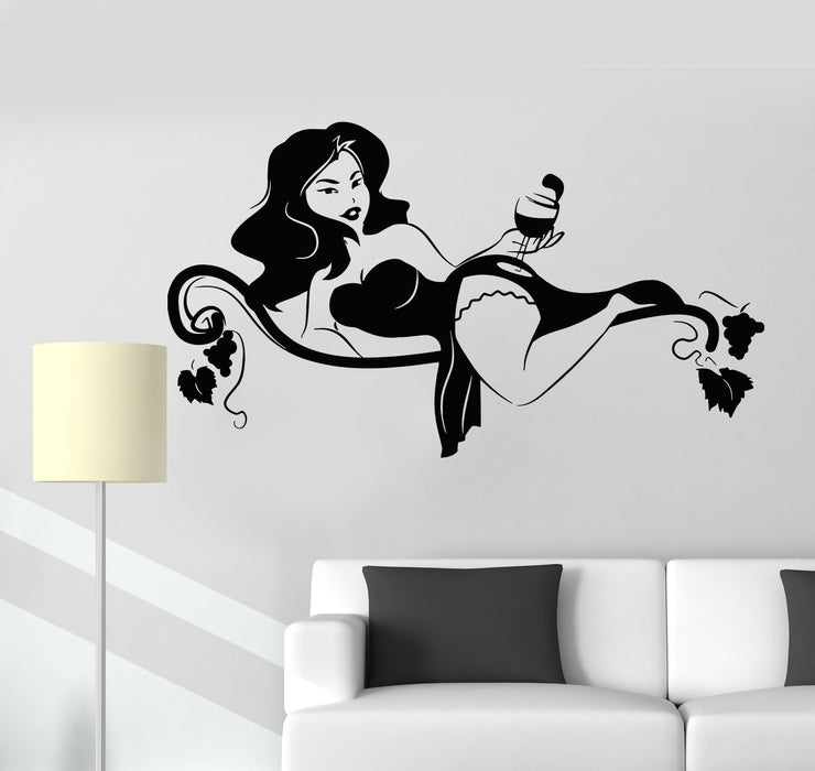 Vinyl Wall Decal Drinking Woman Wine Pin Up Girl Alcohol Bar Stickers Unique Gift (ig3374)