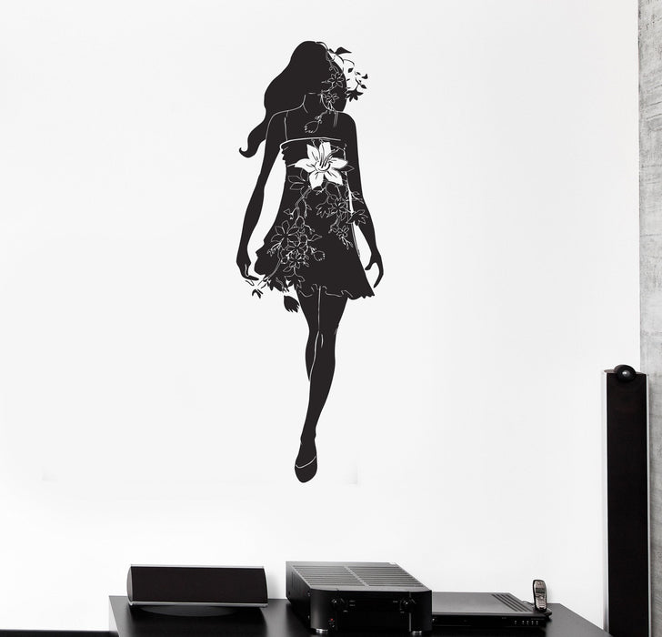 Наклейка на стену силуэт красивая девушка платье цветы виниловые наклейки уникальный подарок (ig2848)
