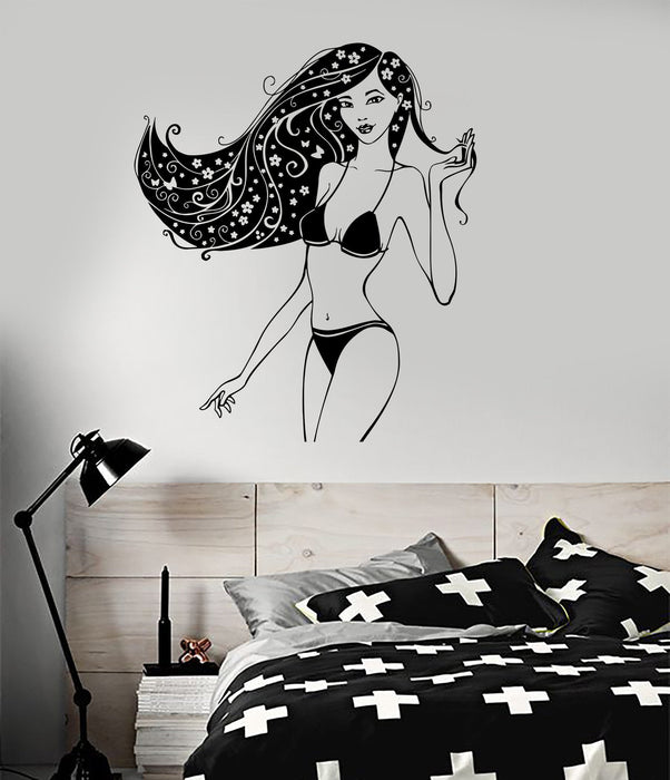 Wall Decal Sexy Woman Beach Long Hair Swimsuit Art Room Vinyl Stickers Unique Gift (ig2803)