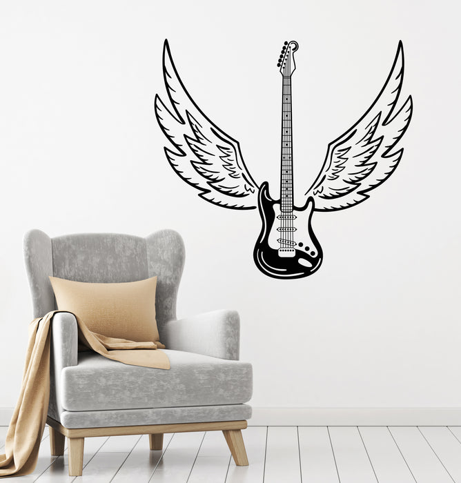 Vinyl Wall Decal Musical Instrument Electric Guitar With Wings Music Decor Stickers (4429ig)