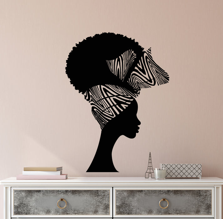 Vinyl Wall Decal African Girl Beauty Hair Salon Hairstyle Black Lady Bow Stickers (4312ig)