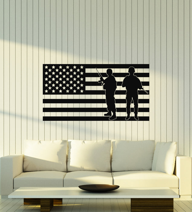 Vinyl Wall Decal American USA Flag Soldier with Guns Patriot Military Army Stickers (4401ig)