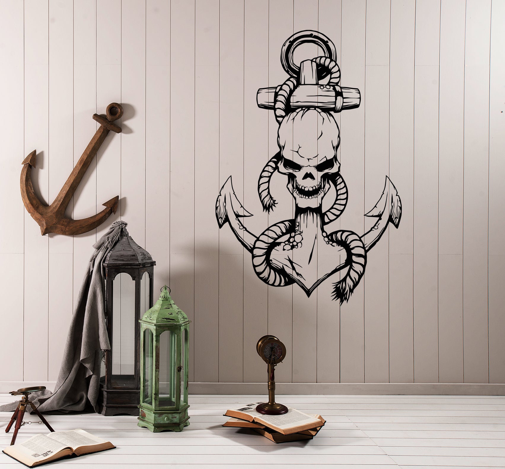 Vinyl Wall Decal Nautical Sea Ocean Gothic Style Skull Anchor Pirate S ...