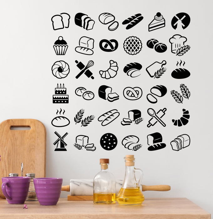 Vinyl Wall Decal Bakery Products Candy Store Dessert Bread Cake Biscuit Croissant Stickers (4447ig)