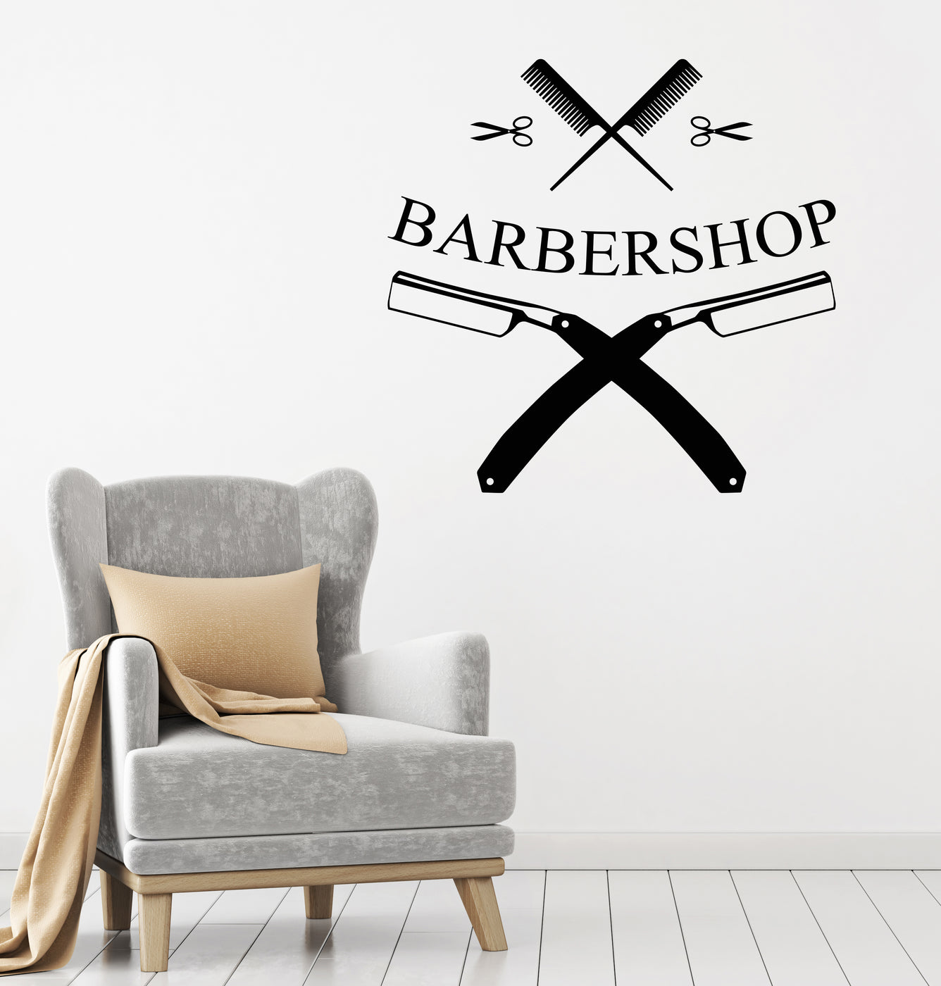 Vinyl Wall Decal Barbershop Haircut Logo Barber Razor Hairbrush Sticke ...