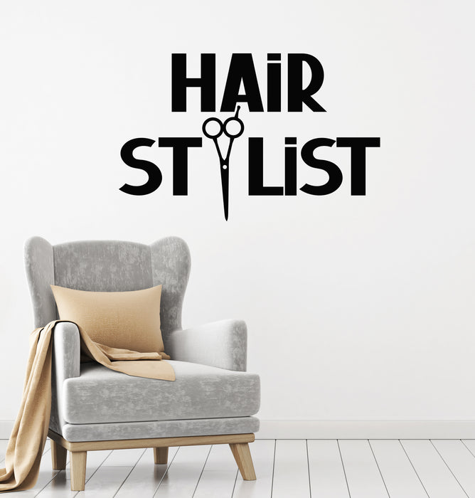 Vinyl Wall Decal Beauty Salon Hair Stylist Logo Scissors Words Professional Hairdresser Stickers (4413ig)