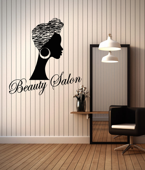 Vinyl Wall Decal Beauty Salon Black Lady African Woman in Turban Beauty and Fashion Stickers (4284ig)
