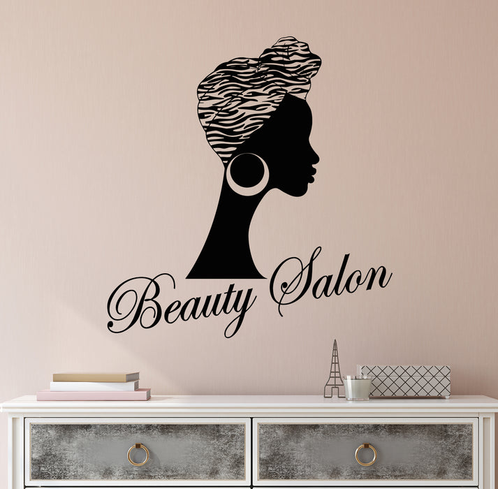 Vinyl Wall Decal Beauty Salon Black Lady African Woman in Turban Beauty and Fashion Stickers (4284ig)