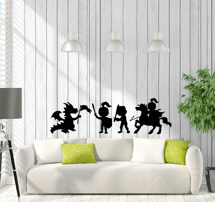 Vinyl Wall Decal Kids Nursery Room Decor Cartoon Dragon Knights Middle Ages Stickers (4430ig)