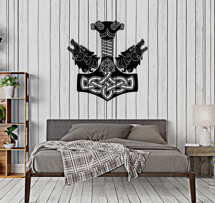 Vinyl Wall Decal Celtic Ornament Viking Sword Handle Two Wolf Heads Stickers (4433ig)