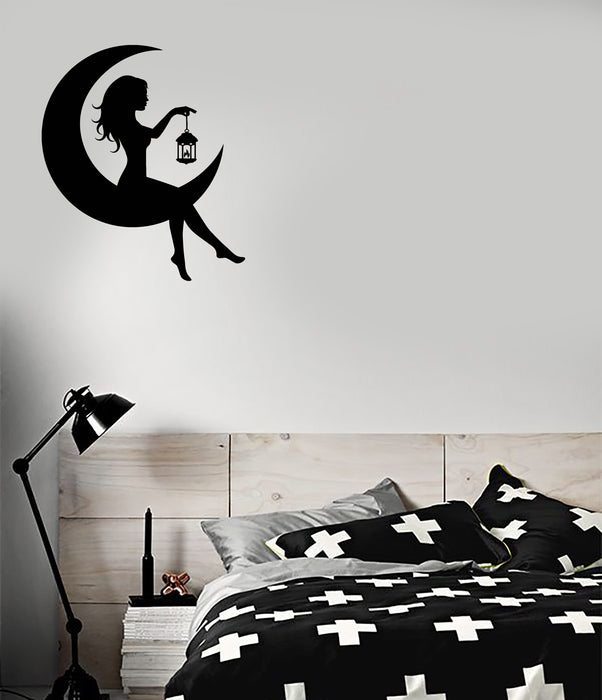 Fairy On The Moon Vinyl Wall Decal Crescent Beautiful Girl Woman Silhouette Sticker (4300ig)