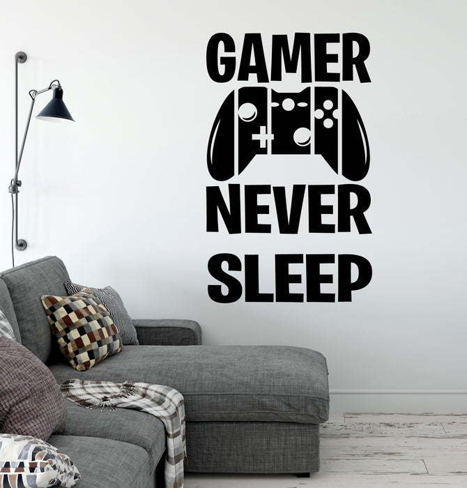 Vinyl Wall Decal Joystick Gamer Never Sleep Video Game Quote Logo Teen Room Decor Stickers (4329ig)