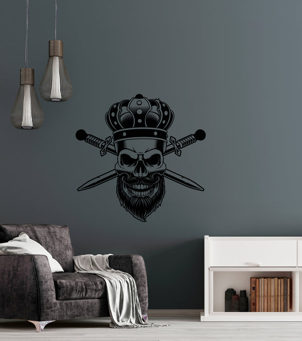 Vinyl Wall Decal Gothic King Skull Man Beard Crown Crossed Swords Middle Ages Barbershop Stickers (4450ig)