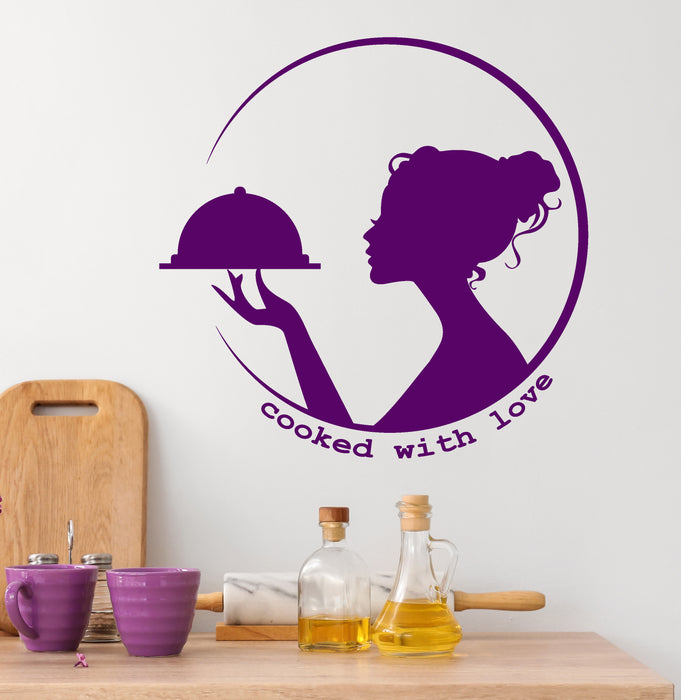 Vinyl Wall Decal Kitchen Restaurant Decor Girl Waitress With Tray Cooked With Love Words Creative Stickers (4388ig)
