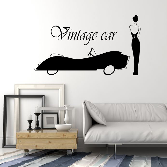 Vinyl Wall Decal Logo Vintage Car Word Retro Style Lady in Dress Stickers (4365ig)