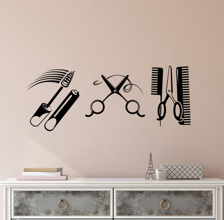 Vinyl Wall Decal Beauty and Care Salon Makeup Scissors Haircut Comb Mascara Stylist Stickers (4454ig)