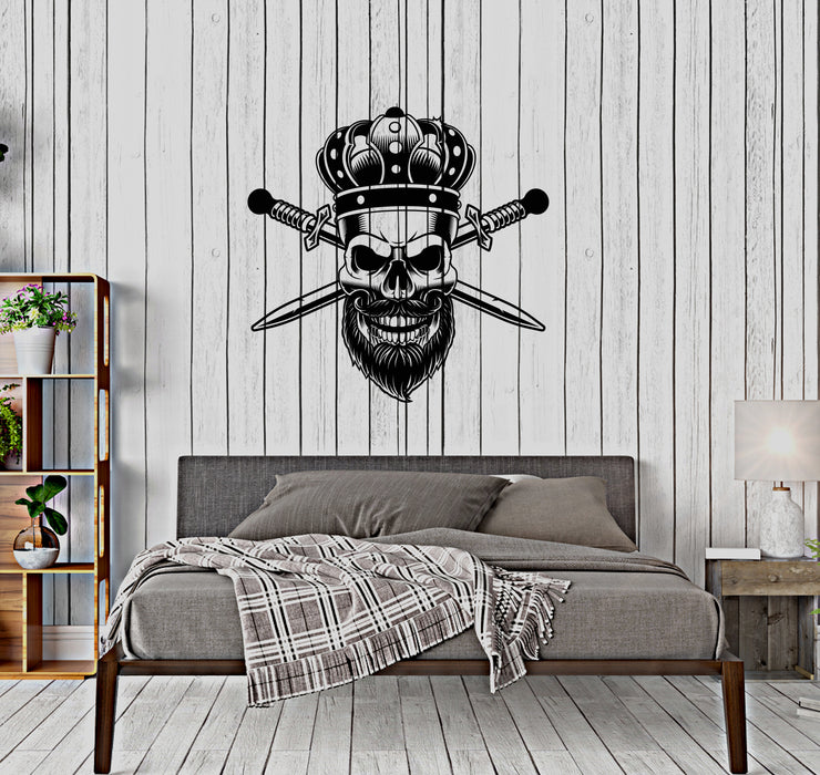 Vinyl Wall Decal Gothic King Skull Man Beard Crown Crossed Swords Middle Ages Barbershop Stickers (4450ig)