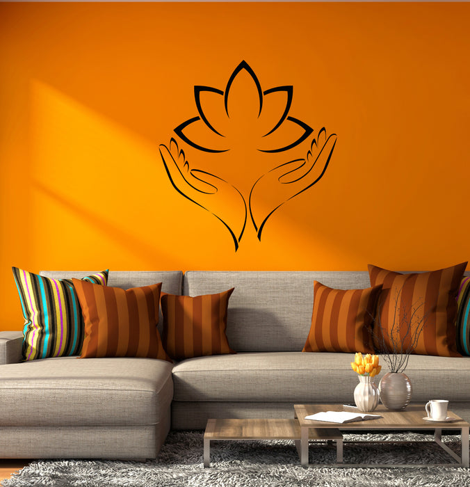 Vinyl Wall Decal Lotus Flower Hands Opened Palms Meditation Room Decor Sticker (4343ig)