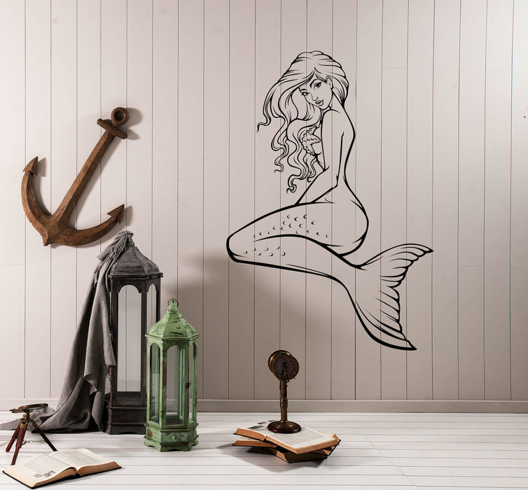 Vinyl Wall Decal Cartoon Naked Mermaid Sexy Hot Girl Nautical Style Sea Shell Ocean Stickers (4466ig)
