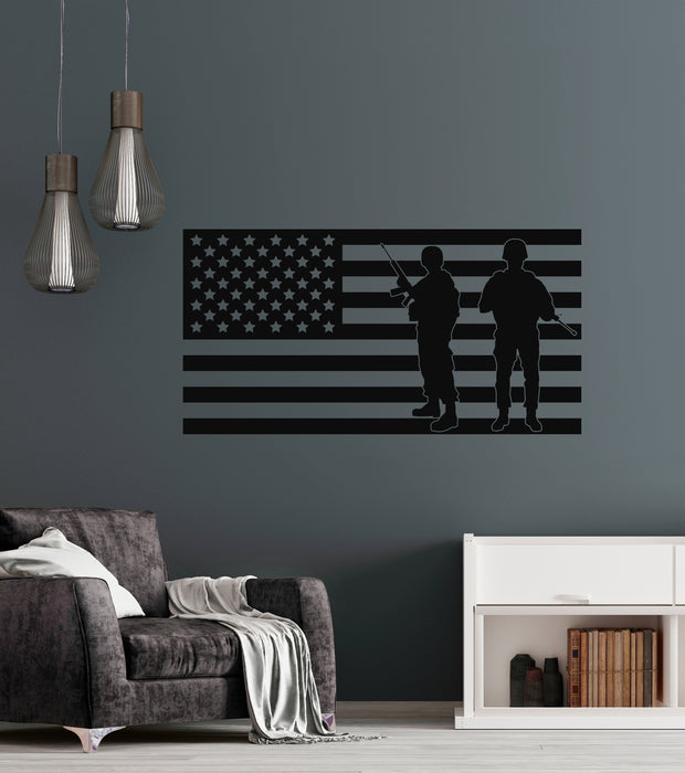 Vinyl Wall Decal American USA Flag Soldier with Guns Patriot Military Army Stickers (4401ig)