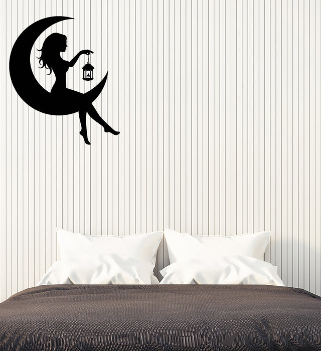 Fairy On The Moon Vinyl Wall Decal Crescent Beautiful Girl Woman Silhouette Sticker (4300ig)
