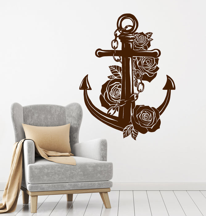 Vinyl Wall Decal Nautical Style Nautical Roses Anchor For Sailor Ship Decor Sticker (4340ig)