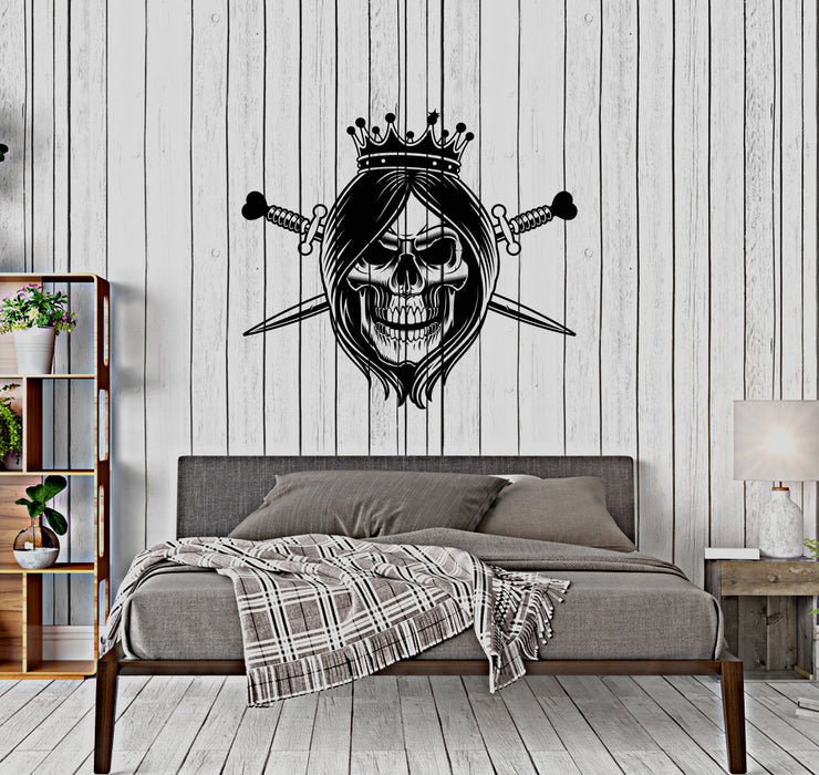 Vinyl Wall Decal Queen Girl Head Skull Gothic Style Crown Crossed Swords Middle Ages Stickers (4449ig)