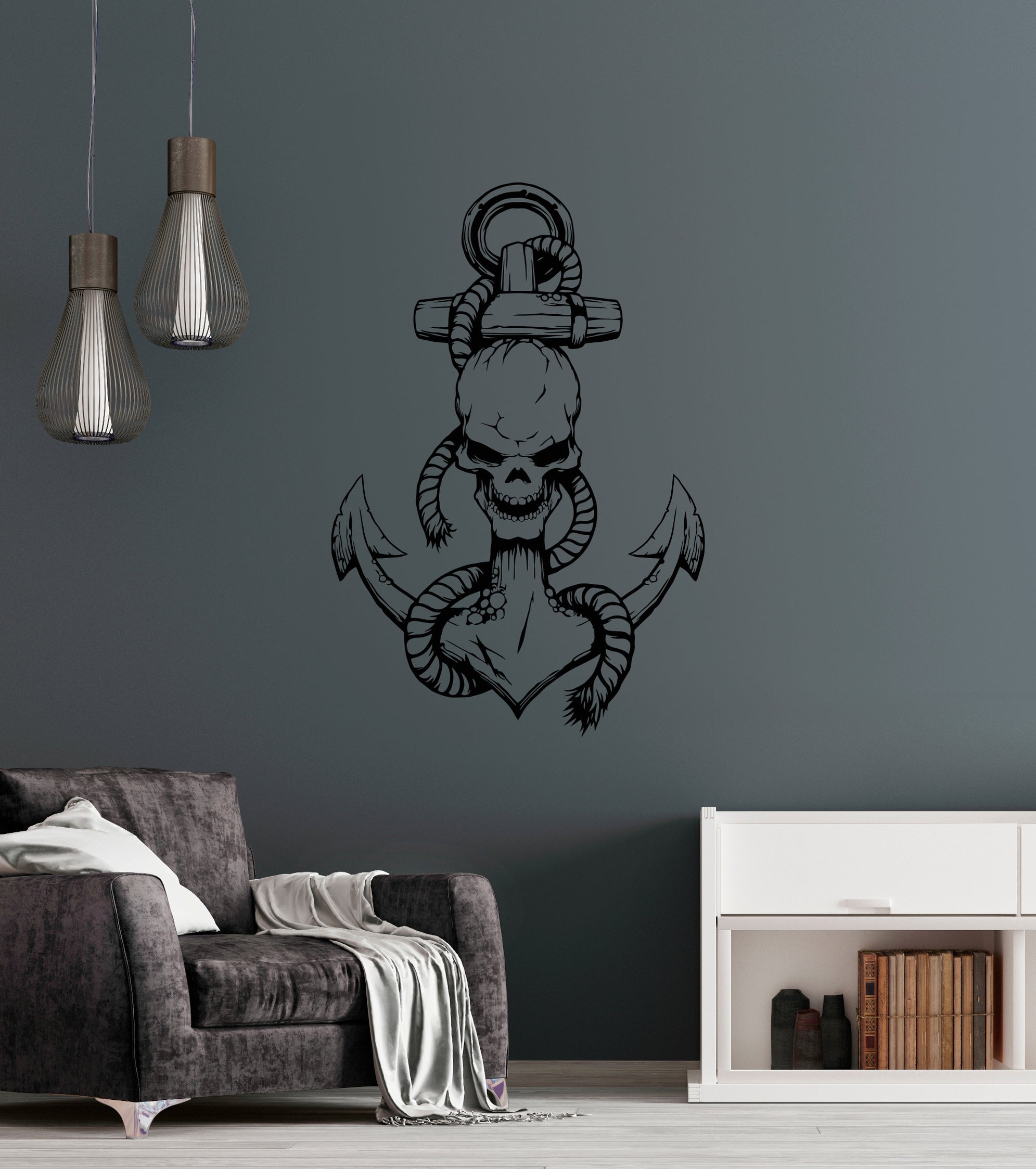 Vinyl Wall Decal Nautical Sea Ocean Gothic Style Skull Anchor Pirate S ...