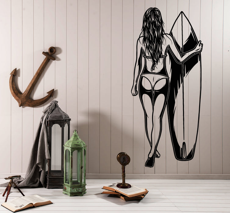Vinyl Wall Decal Surfer Sexy Naked Girl In Swimsuit Surfboard Water Sports Hobbies Surfing Stickers (4268ig)
