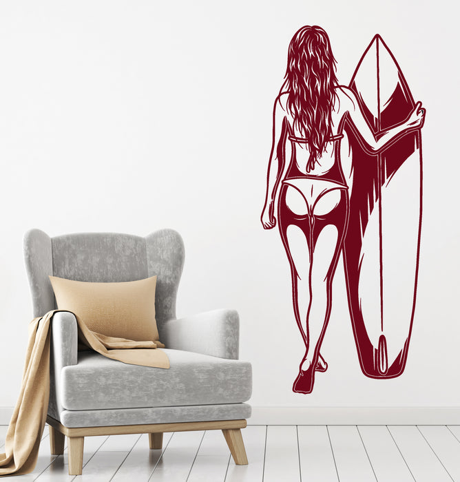 Vinyl Wall Decal Surfer Sexy Naked Girl In Swimsuit Surfboard Water Sports Hobbies Surfing Stickers (4268ig)