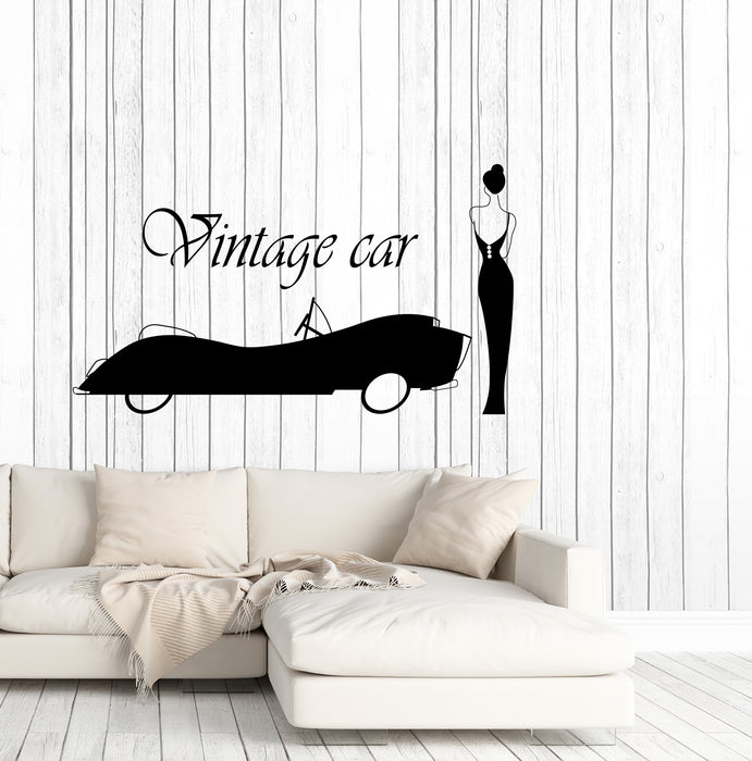 Vinyl Wall Decal Logo Vintage Car Word Retro Style Lady in Dress Stickers (4365ig)
