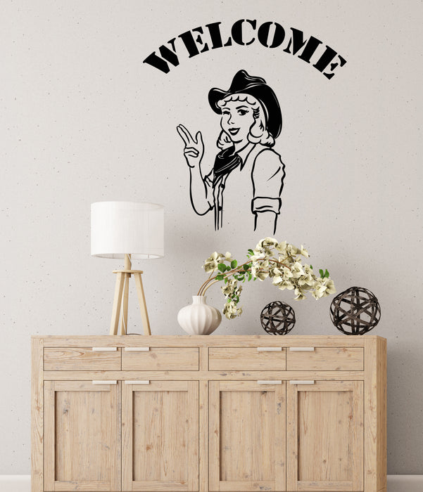 Vinyl Wall Decal Cowgirl Wild West Girl Hat Welcome Word Western Home Decor Stickers (4364ig)