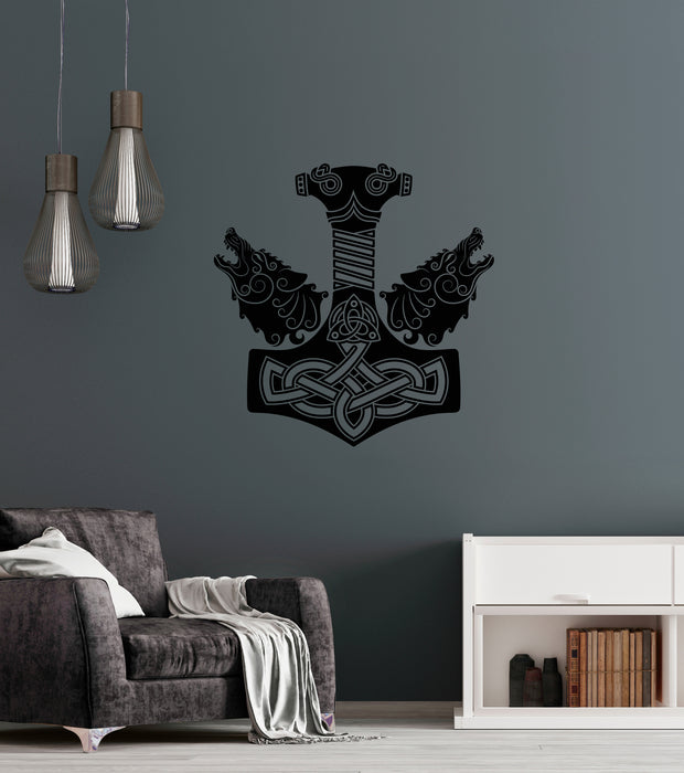 Vinyl Wall Decal Celtic Ornament Viking Sword Handle Two Wolf Heads Stickers (4433ig)