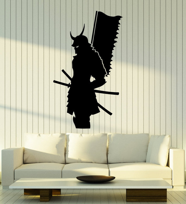 Vinyl Wall Decal Silhouette Samurai Warrior with Flag Japanese Art Stickers Mural Unique Gift (ig5101)