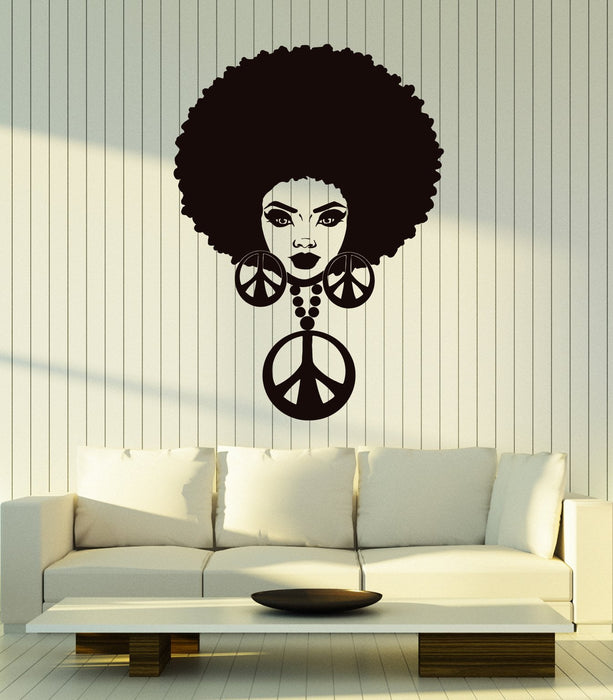 Vinyl Wall Decal Hippie Black Lady Peace Sign Sexy Woman Hair Stickers Mural Unique Gift (ig5172)
