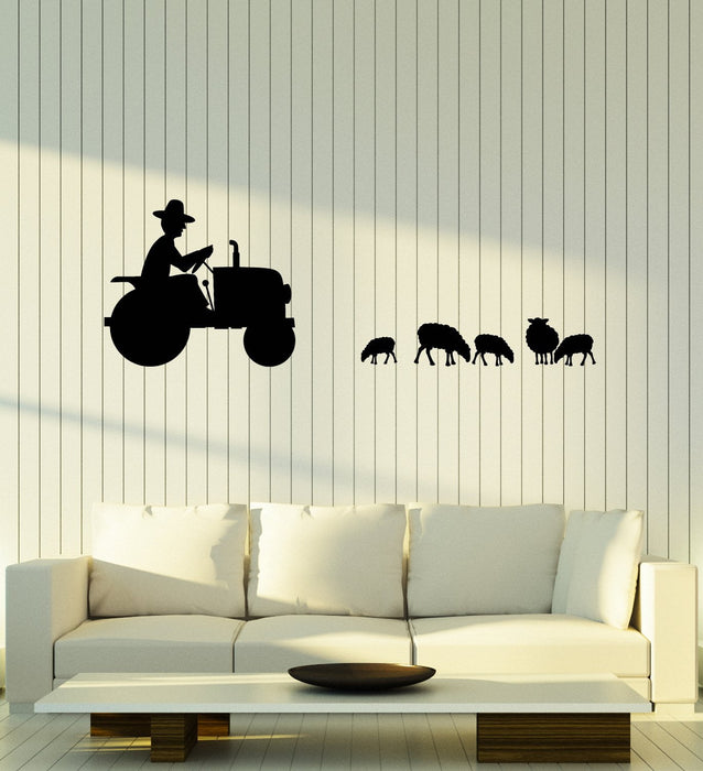 Vinyl Wall Decal Farmer Tractor Animals Sheeps Farm Kids Room Stickers Mural Unique Gift (ig5107)