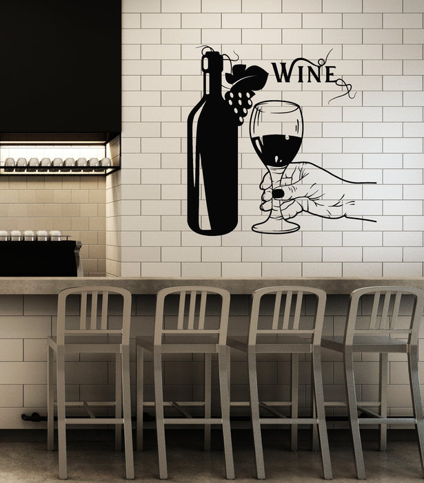 Vinyl Wall Decal Wine Bottle Hand Glass Grapes Restaurant Alcohol Stickers Mural Unique Gift (ig5209)